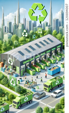 A bright sunny day, symbols of sustainability and ecology, including recycling, solar panels, and green areas, highlight an eco-friendly lifestyle. 120894007