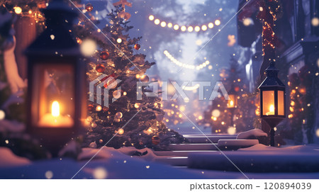 冬天的燈飾和白雪皚皚的聖誕節 120894039