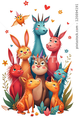 Adorable Fantasy Animal Friends - Cute Cartoon Unicorns and Animals Illustration 120894191