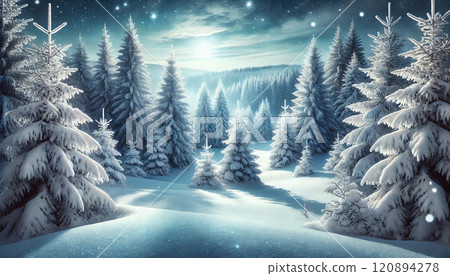 美麗的白雪覆蓋的聖誕森林和安靜的冬季景色 美麗的白雪覆蓋的聖誕森林和安靜的冬季景色 120894278