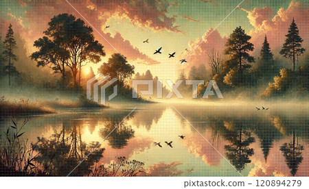 山間湖水薄霧繚繞,在日出的照耀下呈現出一種寧靜的美 山間湖水薄霧繚繞,在日出的照耀下呈現出一種寧靜的美 120894279