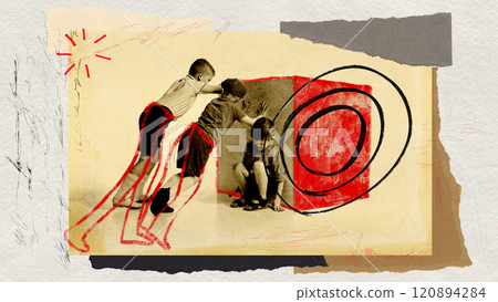 Group of boys pushing cube, accented with red hand-drawn doodles. Teamwork in a game. Contemporary art collage. 120894284