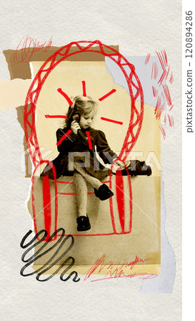 Little cute child, girl on vintage chair, enhanced with red hand-drawn doodles and graphic accents. Retro photography. Contemporary art collage. 120894286