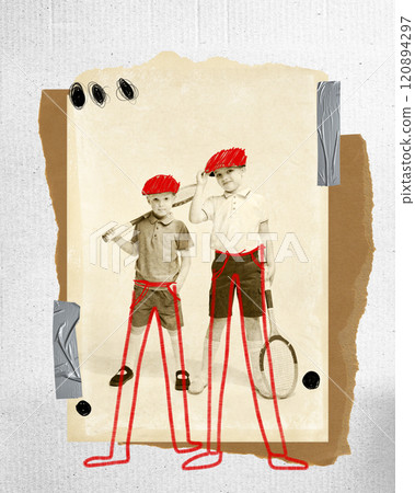 Sepia-toned image of two boys with bat and racket, decorated with whimsical red line art and graphic accents. Contemporary art collage. 120894297