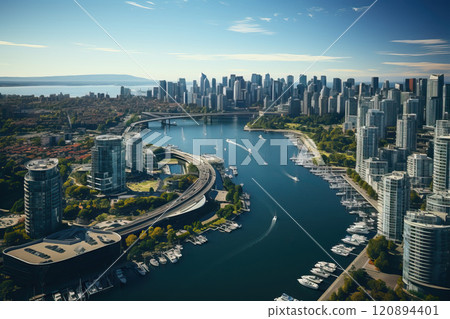 A bird's-eye view of modern urban waterfronts and small moorings for yachts and boats. 120894401