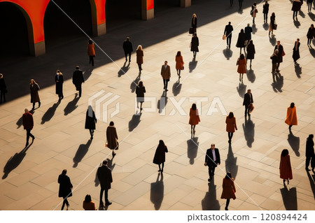 Aerial. People crowd motion through the pedestrian crosswalk. Top view. 120894424