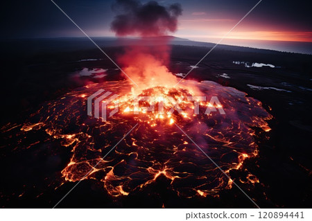 aerial view from above of spreading lava in the shape of a tree 120894441