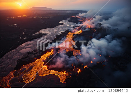 Eruption of a large volcano from a bird's eye view, top view of the volcano and flowing hot magma. 120894443