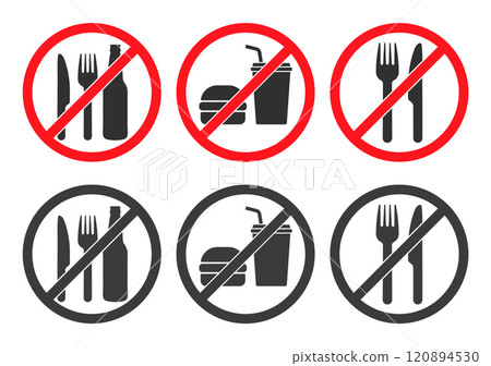 Do not eat or drink sign symbol icon set. No eating or drinking logo collection. Prohibition, prohibited, not allowed, ban, forbidden. Vector illustration. Isolated on white background. 120894530