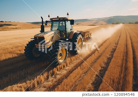 Cultivation of the field by tractors after harvesting. 120894546