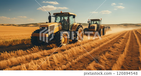 Cultivation of the field by tractors after harvesting. Cultivation of the field by tractors after harvesting. 120894548