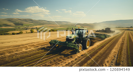 The tractor cultivates the soil and grinds the dry grass at the same time, the grass as fertilizer for the soil. 120894549