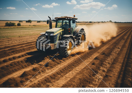 The tractor cultivates the soil and grinds the dry grass at the same time, the grass as fertilizer for the soil. 120894550