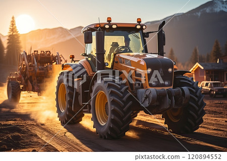 Tractors leave the field early in the morning. Tractors leave the field early in the morning. 120894552