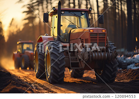 Tractors leave the field early in the morning. Tractors leave the field early in the morning. 120894553