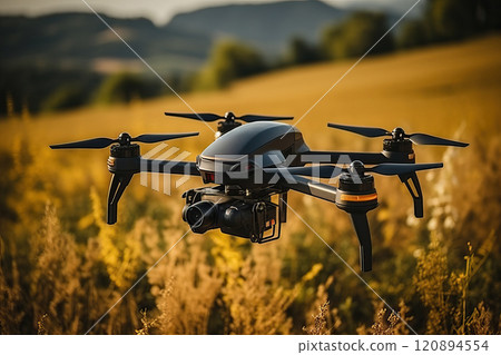 The drone is flying in the field. 120894554