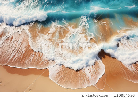 Foamy blue waves on the shore of the beach, top view of the beach. 120894556