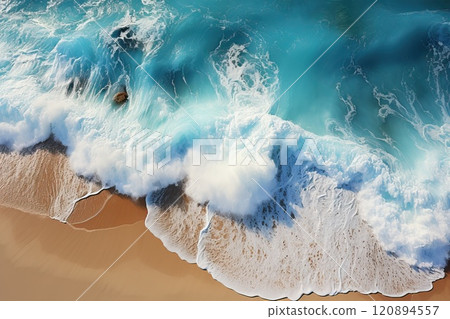 Foamy blue waves on the shore of the beach, top view of the beach. 120894557