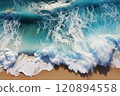 Foamy blue waves on the shore of the beach, top view of the beach. 120894558
