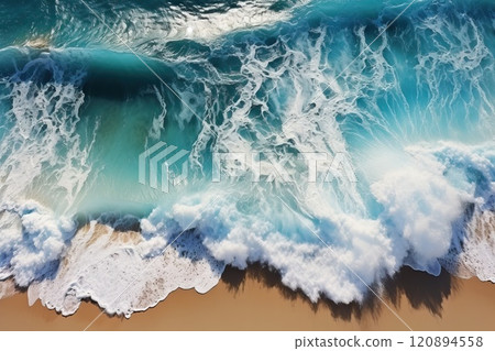 Foamy blue waves on the shore of the beach, top view of the beach. 120894558