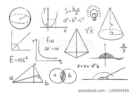 Math geometry graph and shapes on blackboard background. Set science doodle hand drawn sketch elements. Study theory formula, calculations. Math geometry graph and shapes on blackboard background. Set science doodle hand drawn sketch elements. Study theory formula, calculations. 120894599