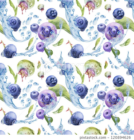 Blueberry blackberry flying in water splashes drops, hand drawn in watercolor, ripe purple forest berry and leaves. Seamless pattern isolated illustration. Sweet dessert menu, farmers market, wedding 120894626