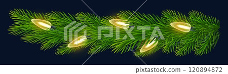 Christmas border featuring realistic fir branches and twinkling lights on blue background. For festive designs, New Year, Christmas greeting cards, banners. Vector illustration 120894872