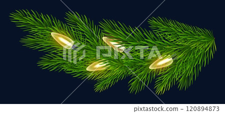 Fir branch with string of warm toned Christmas lights. For creating cozy holiday atmosphere, New Year festive designs, Christmas greeting cards, banners. Vector illustration 120894873