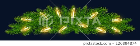 Fir branch border shimmering with bright Christmas lights on blue background. For holiday banners, New Year, Christmas posters. Vector illustration Fir branch border shimmering with bright Christmas lights on blue background. For holiday banners, New Year, Christmas posters. Vector illustration 120894874