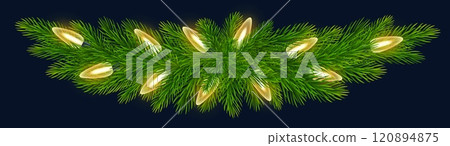 Fir branch border and string of festive lights on blue background. For holiday New Year festive designs, Christmas greeting cards, banners. Vector illustration 120894875