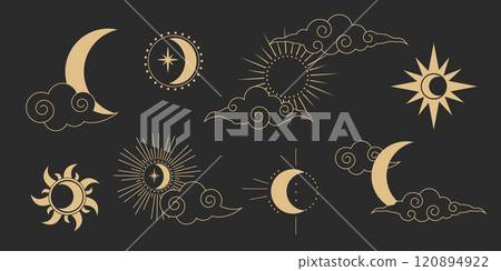 Celestial set witch spiritual decoration with asian clouds moon, sun burst and stars. line astrology pattern, minimal geometric background. 120894922