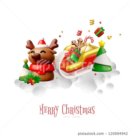 Merry Christmas 3D plastic style vector poster, cartoon deer with sledge full of gifts on clouds, candy cane, gift box Merry Christmas 3D plastic style vector poster, cartoon deer with sledge full of gifts on clouds, candy cane, gift box 120894942