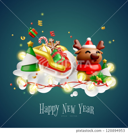 Happy New Year 3D plastic style vector poster design, cartoon Christmas deer with gifts sledge on cloud, glowing garland 120894953