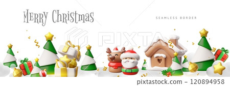 3d banner illustration with Santa, reindeer, pine trees, gingerbread house, gifts and confetti. 120894958