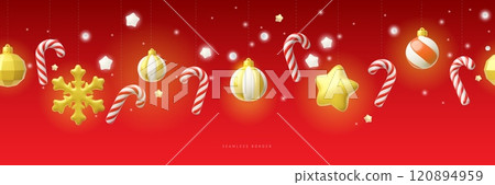 3d illustration of banner with golden round toys, lollipops, stars and snowflakes on a string. 3d illustration of banner with golden round toys, lollipops, stars and snowflakes on a string. 120894959