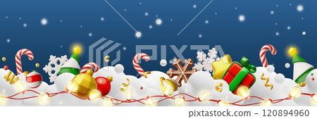 3d banner illustration with fir tree, toys, gingerbread, lollipops in snow with glowing garland. 120894960