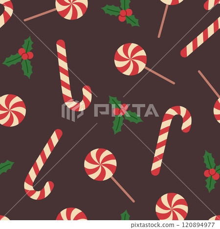 Seamless pattern with candy canes, lollipops and holly on brown background. Traditional red and white Christmas sweets. Vector flat illustration for wallpaper, textile, packaging 120894977