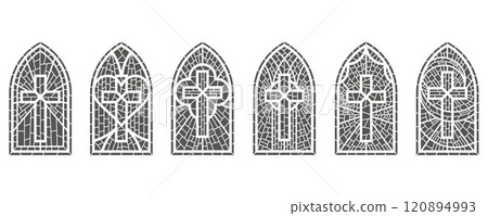 Gothic church glass window. Catholic cathedral vector frames with cross. Medieval stained castle architecture Christian design mosaic decoration on white background 120894993