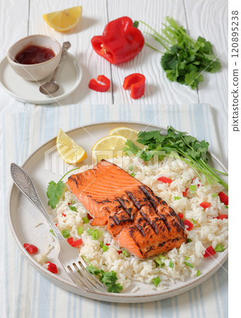 grilled red salmon fillet with rice, top view grilled red salmon fillet with rice, top view 120895238