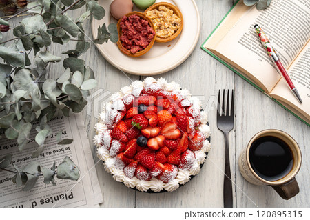 Tea time with cute strawberry cake Tea time with cute strawberry cake 120895315
