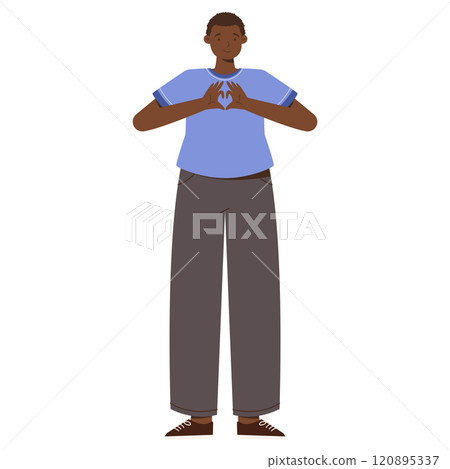 Illustration of a Smiling Dark-Skinned Woman in Blue Shirt and Gray Pants Showing Heart Gesture. 120895337