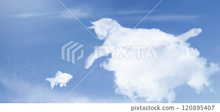 Angel cat walking on the rainbow. Cat clouds shape. Cat catches a butterfly Angel cat walking on the rainbow. Cat clouds shape. Cat catches a butterfly 120895407