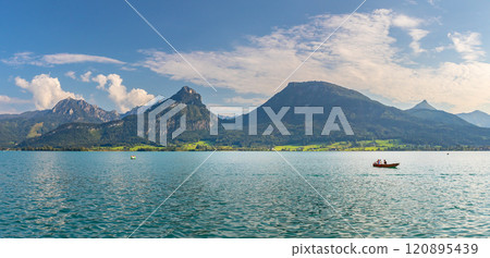 landscape with Lake Wolfgangsee, mountains with mount Sparber, view from the town of Sankt Wolfgang, Austria 120895439