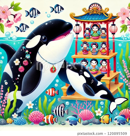 A mother and baby killer whale enjoying Hinamatsuri 120895509