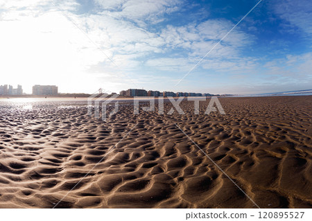 Vast Sandy Beach With City Skyline Under Clear Blue Sky 120895527