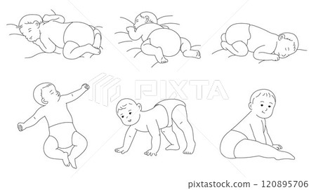 Cute baby sleeping, smiling baby lying on a bed, baby crawling, sitting line vector 120895706