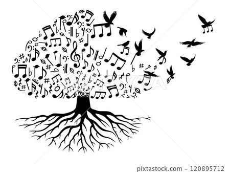 Tree with music note, music tree with flying musical notes, music note with birds flying 120895712