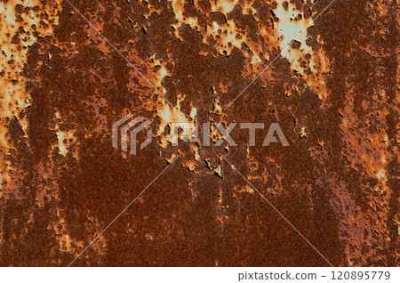 Texture of rusty metal surface with cracked peeling paint. Rusty background 120895779