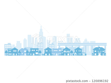 A view of suburban houses overlooking a group of buildings 120896192