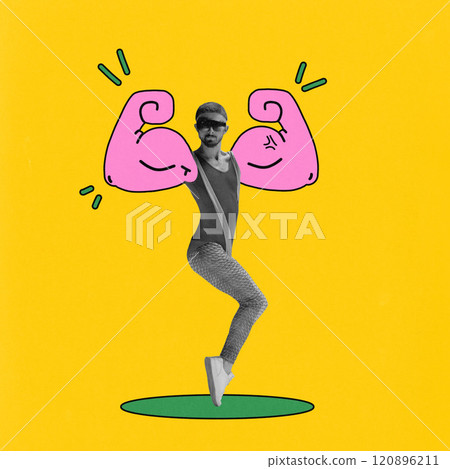 Fun and quirky illustration of man striking pose with oversized pink cartoon muscles, set against bright yellow backdrop. Contemporary art collage. 120896211